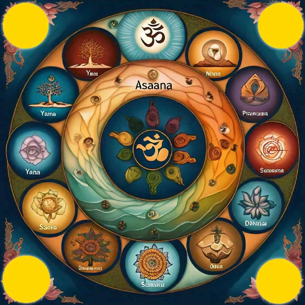 An image of the eight limbs of yoga, illustrating the philosophical framework of Raja Yoga.